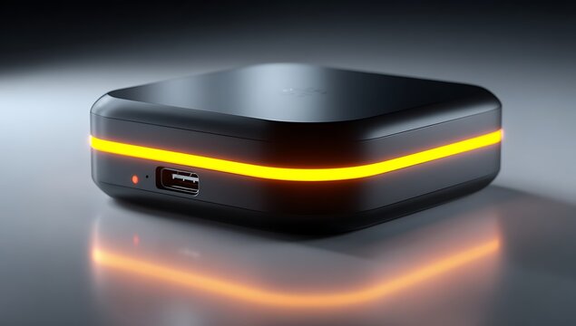 Sleek black electronic device with glowing orange accent orange glow USB port