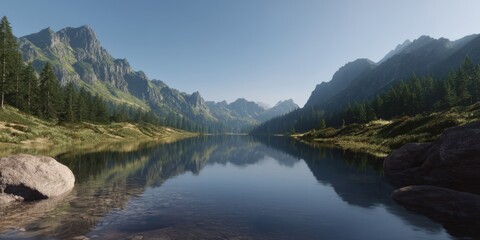 Fototapeta premium Panoramic hdr landscape of serene lake amidst majestic mountains