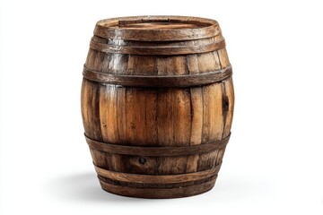 Obraz premium An aged wooden barrel stands upright, its staves and bands showing wear, against a plain white backdrop, ready for use.