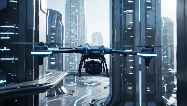 Flying Drone in Futuristic City
