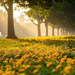 Sunlit Yellow Flowers in Park