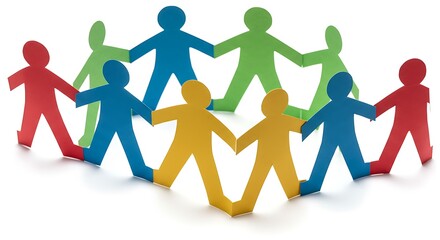 Diverse Group of Paper People Holding Hands in a Circle on White Background