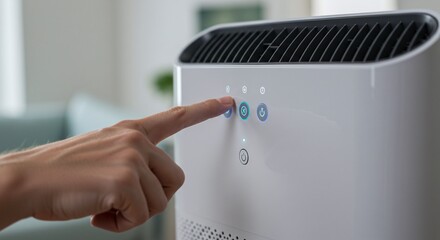 A hand adjusts a smart air purifier's digital display, highlighting modern home technology.Concept of modern home technology and automation.