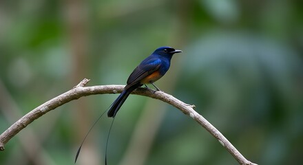 Colorful bird perched on a branch with blurred green background