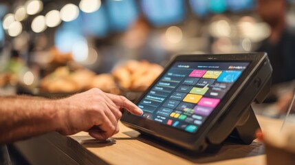 Close up of a customer hand selecting options on a touchscreen point of sale system at a cafe counter with pastries and blurred digital menu screens in the background