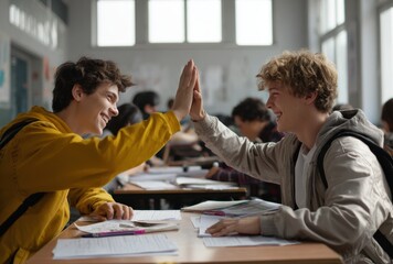Two young men in casual clothing sharing a high-five in a bright classroom setting