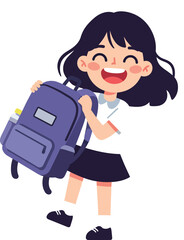 Excited cartoon schoolgirl holding her purple rucksack with joy