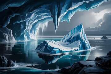 Majestic ice cave with floating iceberg and icy water reflections under dramatic sky arctic polar