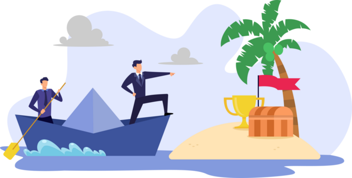 Business Team Sailing to Success on Island with Palm Tree Illustration on Transparent Background
