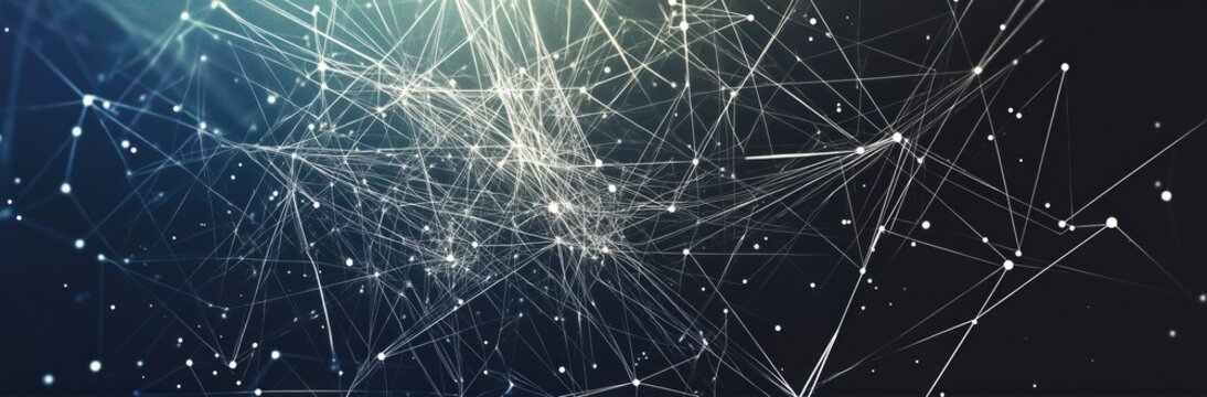 Futuristic neural network pattern in silver, black with glowing nodes. 2000s, iridescent style, web of lines, digital connections. Background, texture, header, web, site, modern 90s visual.