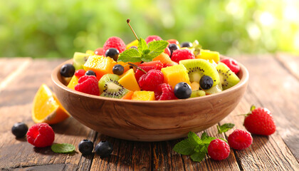 Fresh Colorful Fruit Bowl with Berries and Mango on Wooden Table