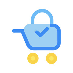 Blue shopping cart with a checkmark on black background
