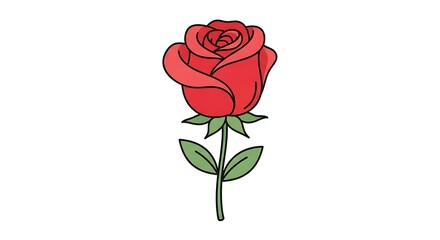 Red Rose Flower Drawing with Green Leaves Isolated on White