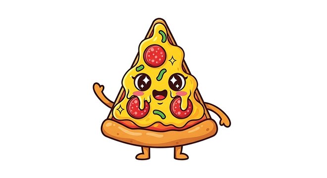 Cute Pizza Slice Cartoon Character Waving Hello Illustration - Powered by Adobe