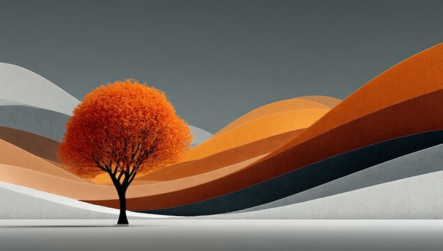 Vibrant orange tree against abstract layered landscape foliage