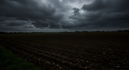 Dramatic dark storm clouds loom over a vast, tilled agricultural field, creating a moody and foreboding rural landscape.