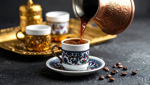 Dark coffee pours from a cezve into a small patterned cup on a tray
