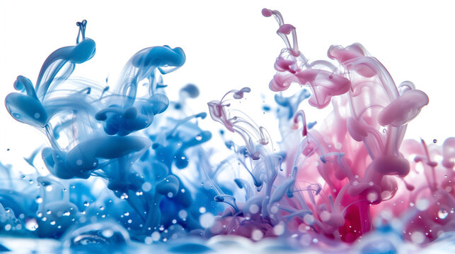 Macro shot of blue and pink ink drops in water creating beautiful abstract swirls on a white background