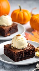 Two chocolate brownies topped with vanilla ice cream and caramel drizzle, pumpkins and autumn leaves in background