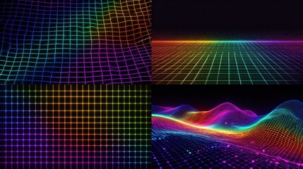 Four vibrant, abstract digital landscapes feature neon gridlines, undulating surfaces, and retro, rainbow hues