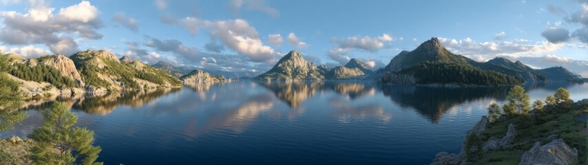 Obraz premium Breathtaking hdr panoramic view of serene lake and mountains nature landscape