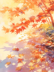 秋の紅葉が落ち葉となり地面を染める水彩画風の幻想的な背景イラスト素材・自然・季節・静けさ・柔らかい表現・和風テイスト・紅葉絨毯・感性に訴える風景