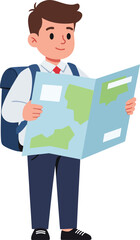 Happy male student with backpack exploring a map, preparing for an educational journey