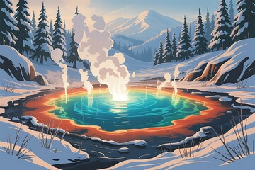 Colorful geothermal hot spring in a snowy mountain landscape with steam Yellowstone nature