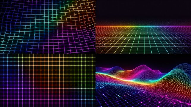 Four vibrant, abstract digital landscapes feature neon gridlines, undulating surfaces, and retro, rainbow hues