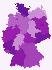 Obraz premium Map of Germany with regions. Just a simple country border map with region division. Purple color palette. Plain Germany shape with administrative division. Vector illustration.