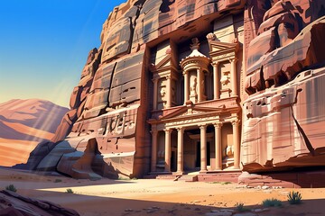 The Treasury Al Khazneh in Petra Jordan Carved into a Sandstone Cliff Face with Sunlight Rays ancient city