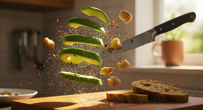 Avocado slices and bread being cut with a knife in a kitchen setting