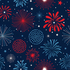 A colorful vector seamless pattern illustration of fireworks and stars for a festive night sky holiday background design