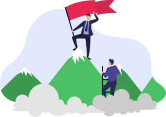 Businessman Reaching Mountain Peak and Raising Red Flag Under Cloudy Sky Business Achievement Illustration in Transparent Background