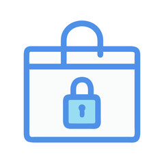 Blue secure shopping bag icon on black background illustration