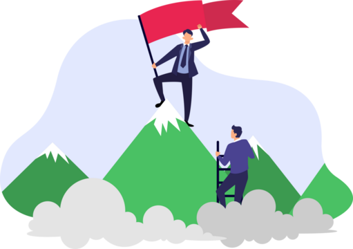 Businessman Plants Red Flag on Mountain Top Achievement Success Illustration in Corporate Blue and Green with Clouds Isolated on Transparent Background