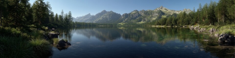 Scenic lake reflection mountain landscape hdr panoramic view serene environment
