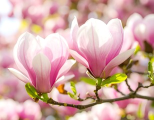 Obraz premium Two delicate pink magnolia blossoms in sunlight, on a branch with blurred background