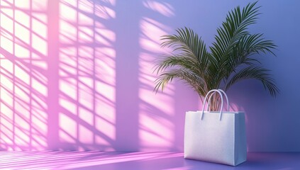 Soft pink room, sunlight, plant, bag
