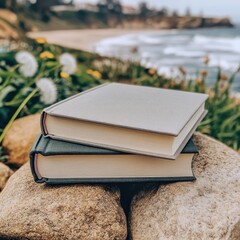 Stacked books on rocks by the beach