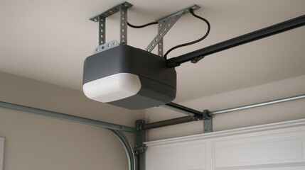 Automatic garage door opener motor system mounted on ceiling with rails, wires and mechanical hardware showing smart home installation, convenience, modern technology and engineering design
