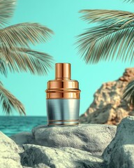 Luxury cocktail shaker on rocks, tropical backdrop
