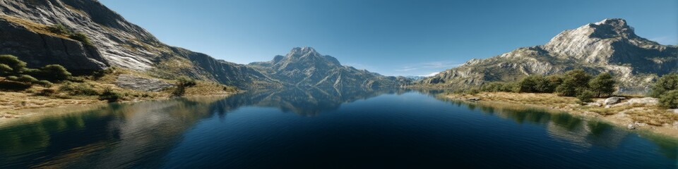 Fototapeta premium Stunning hdr panoramic view of serene mountain lake nature landscape outdoor scene
