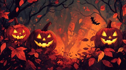 Classic jack-o'-lanterns with exaggerated grins, vintage hand-drawn Halloween style, surrounded by swirling autumn leaves in shades of orange, red, and brown,