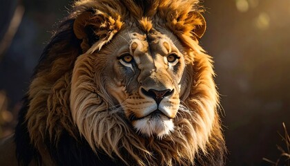 Fototapeta premium Majestic male lion, golden mane, intense gaze, dark background