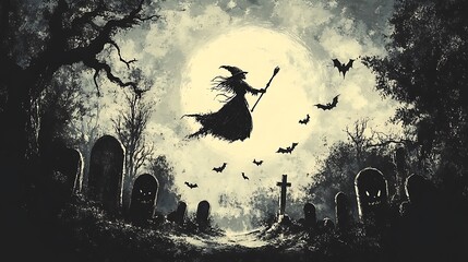Hand-drawn vintage Halloween illustration of a crooked old witch flying above a misty graveyard, fog creeping along the ground, black cats with glowing eyes hiding among gravestones,