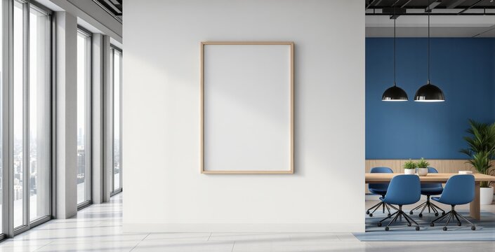 Vertical poster mockup with wooden frame on white wall in modern office interior with blue chairs and natural light from large windows. Ai generative