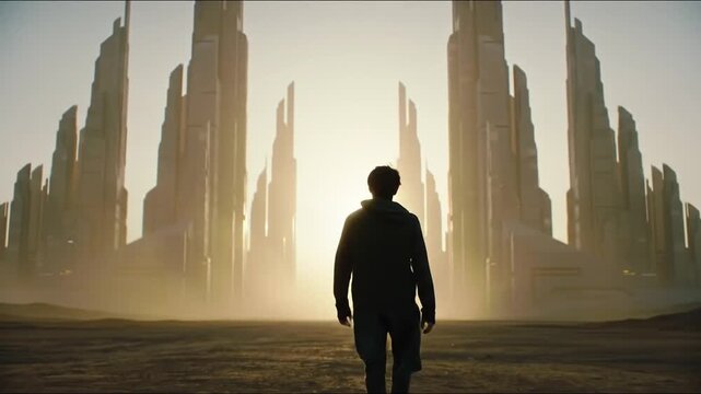 Solitary Figure Walks Towards a Towering Futuristic City at Dawn.