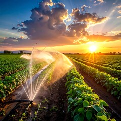 Obraz premium Irrigating field at sunset