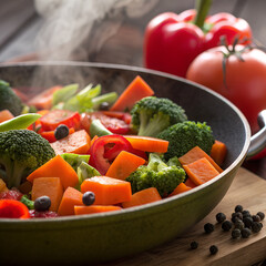 Fresh healthy organic broccoli, carrots, and tomatoes cooked in a pan for a vegetarian dinner